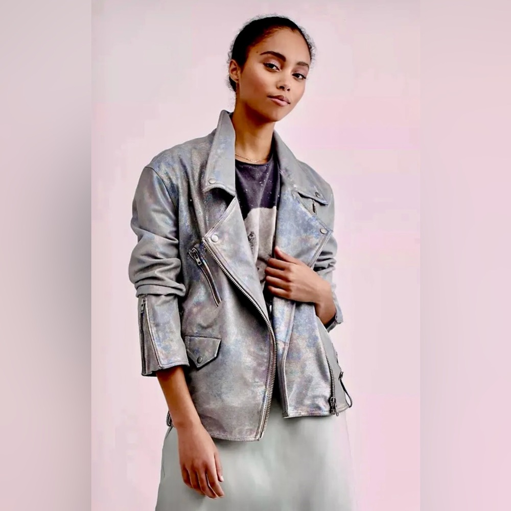 Free People Jealousy Leather Moto Jacket Distress Metallic Silver Blue Size M